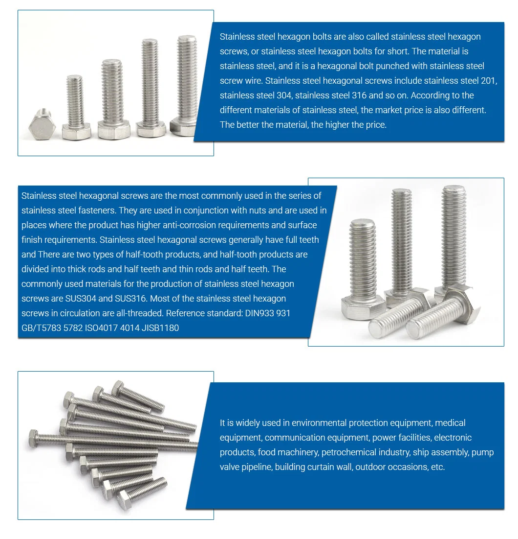 Factory Supply Stainless Steel Fastener Inox AISI 304 316 Hexagon Head Machine Screw Hex Bolts